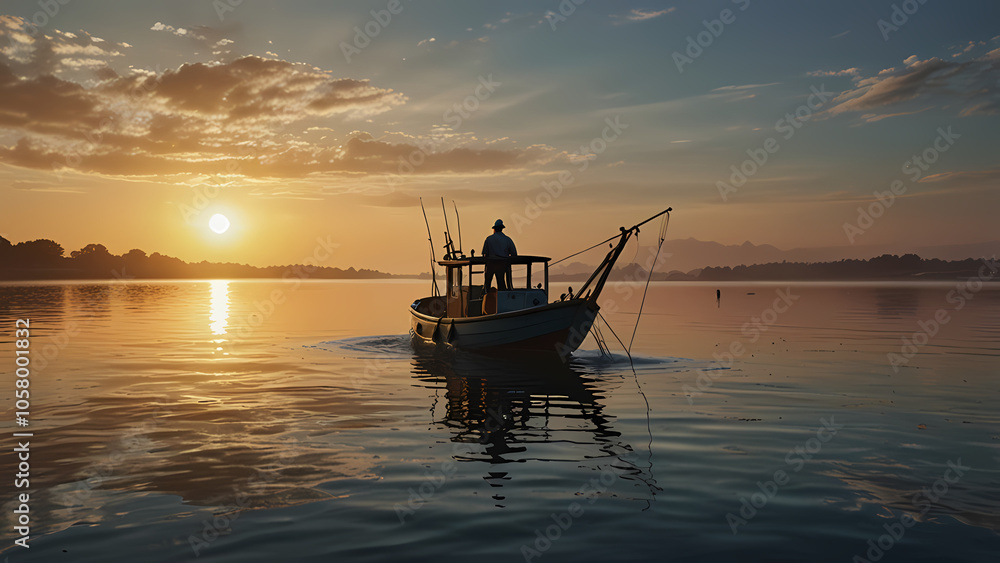 scene of a fisherman’s boat actively catching fish on a calm, open sea at sunrise time scene of a fisherman’s boat actively catching fish on a calm, open sea at sunrise time