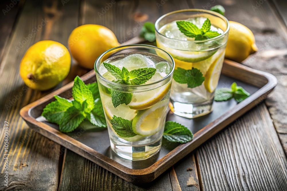 Fototapeta premium Mojito cocktails with lemon and mint served in a Point of View Glass on a tray