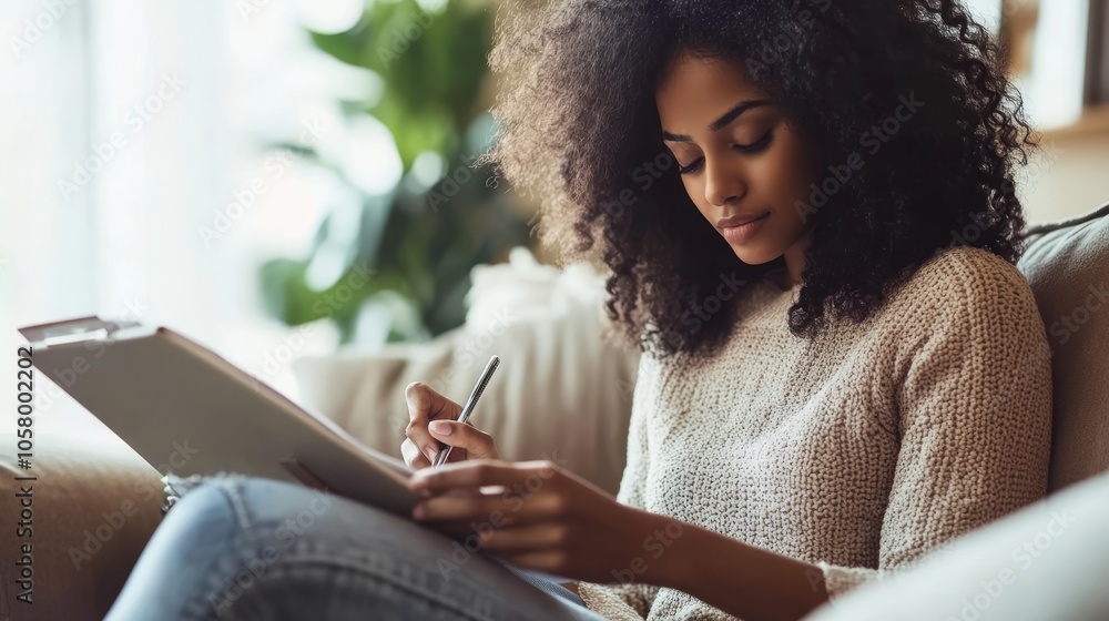 Woman Writing in Journal at Home, Cozy Setting Woman Writing in Journal at Home, Cozy Setting