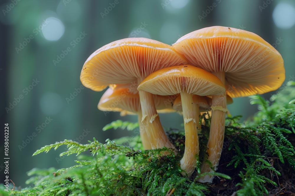 Mushrooms growing on moss in a lush forest during a cloudy day Mushrooms growing on moss in a lush forest during a cloudy day