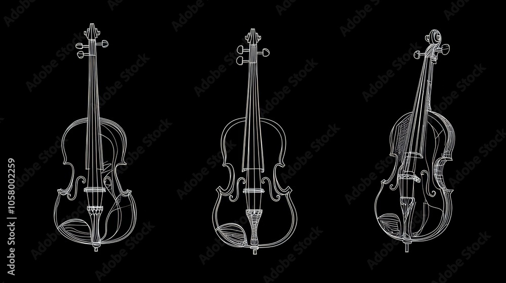 Fototapeta premium Elegant Line Art of Three Violins on Black Background