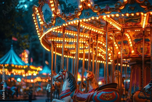 Charming carousel lit up at dusk in a bustling amusement park