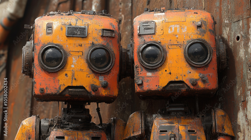 Two old, rust-colored robots with large eyes are positioned together, showcasing their worn textures and contrasting with the industrial background Two old, rust-colored robots with large eyes are positioned together, showcasing their worn textures and contrasting with the industrial background