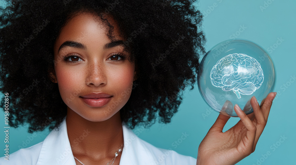 Naklejka premium A young woman smiles while presenting a clear globe that displays a brain illustration, showcasing knowledge and innovation in a classroom