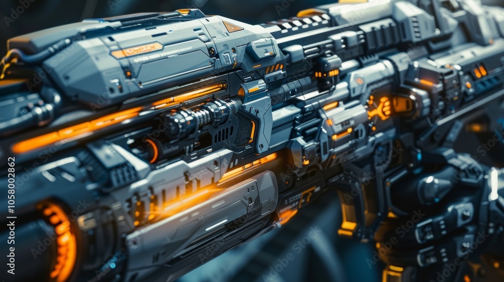 A detailed shot of a futuristic weapon from a science fiction video game with intricate details and a sleek design. A detailed shot of a futuristic weapon from a science fiction video game with intricate details and a sleek design.