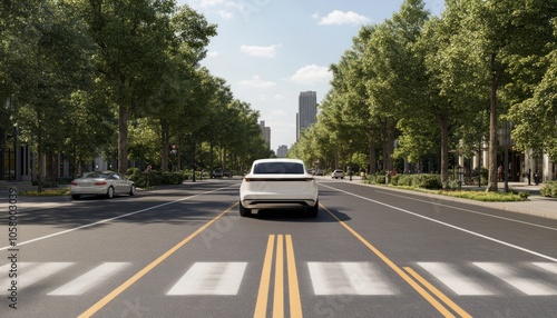 A white car drives down a tree-lined city street with a crosswalk in the foreground.