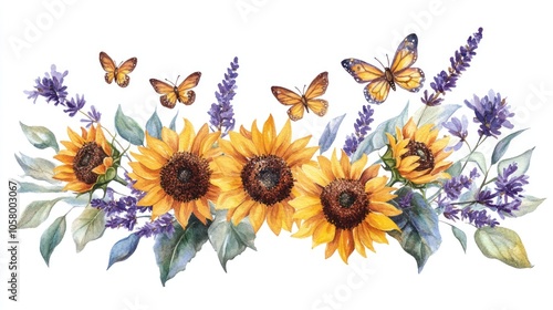 A vibrant watercolor illustration of sunflowers and butterflies.