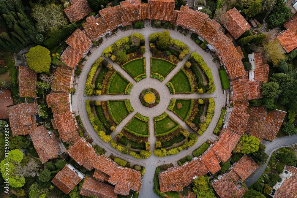 Circular aerial view of garden with symmetrical pathways symbolizing landscape design natural symmetry and organized beauty in outdoor setting Circular aerial view of garden with symmetrical pathways symbolizing landscape design natural symmetry and organized beauty in outdoor setting