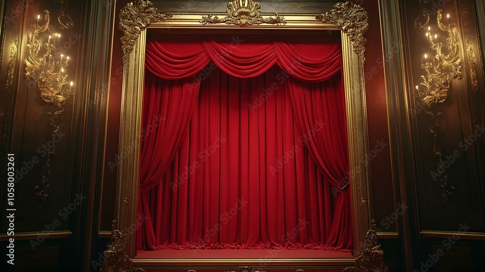 Luxurious red theater curtain in a gilded frame Luxurious red theater curtain in a gilded frame