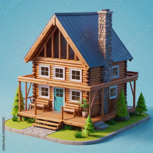 3D Log Cabin Miniature House Model: Rustic Architectural Visualization