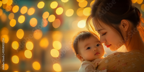 Asian mom holding and gently hugging her little ethnic son, happy mother woman with baby, blurred background with yellow lights, round bokeh, banner with place for text for mother’s day