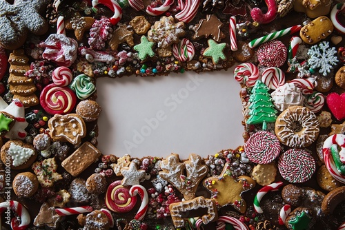 Bannière de Noël remplie de biscuits, bonbons et décorations, cadre central vide..