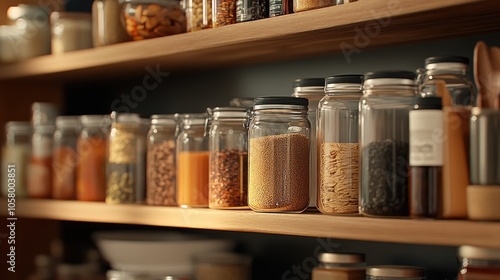 Organized Jars on Wooden Shelves in a Kitchen Setting