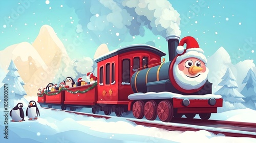A cheerful train with Santa Claus and Penguins, fluttering garlands