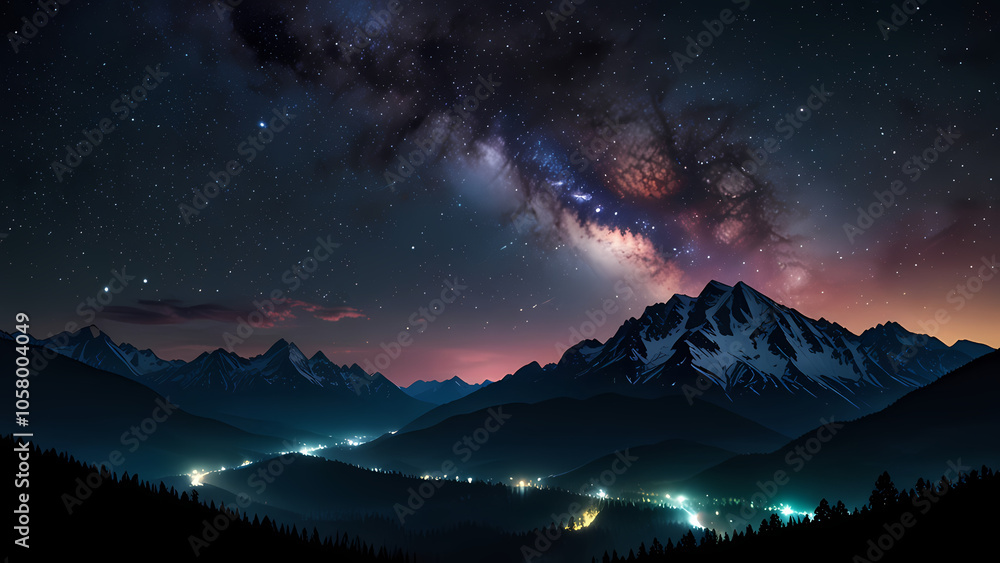 stunning image of a night sky filled with a vibrant galaxy and twinkling stars, casting a mesmerizing glow with silhouettes of majestic mountains that frame the scene stunning image of a night sky filled with a vibrant galaxy and twinkling stars, casting a mesmerizing glow with silhouettes of majestic mountains that frame the scene