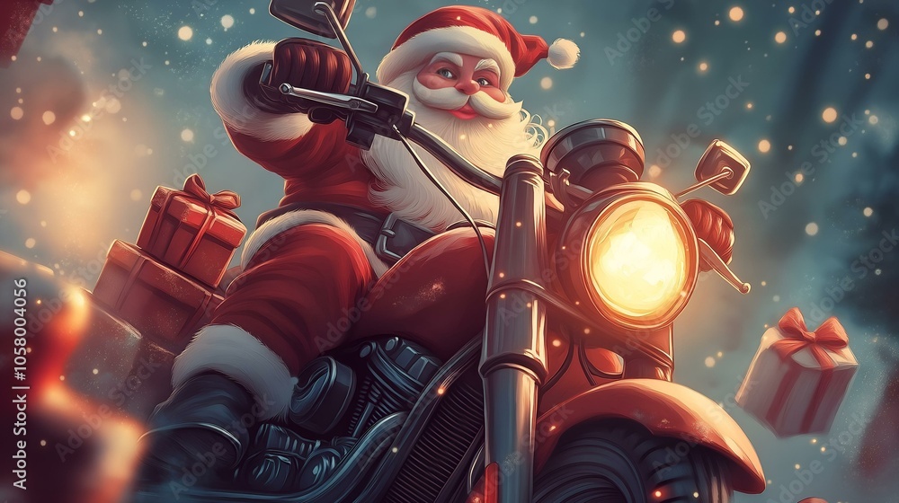 Cheerful Santa on a motorcycle with gifts, cartoon style