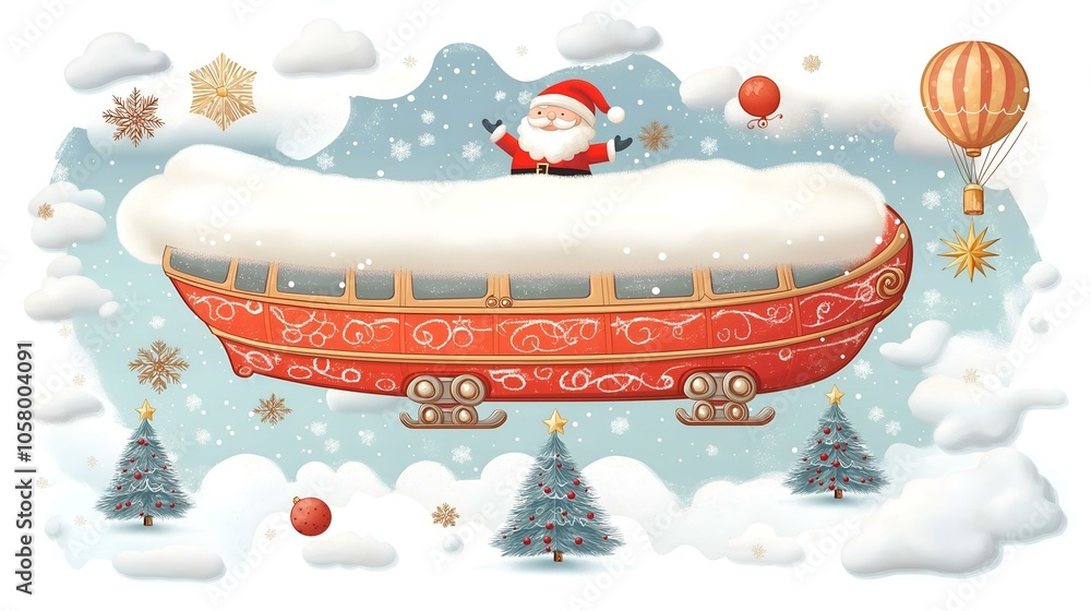 Festive airship with Santa Claus flying over snowy peaks