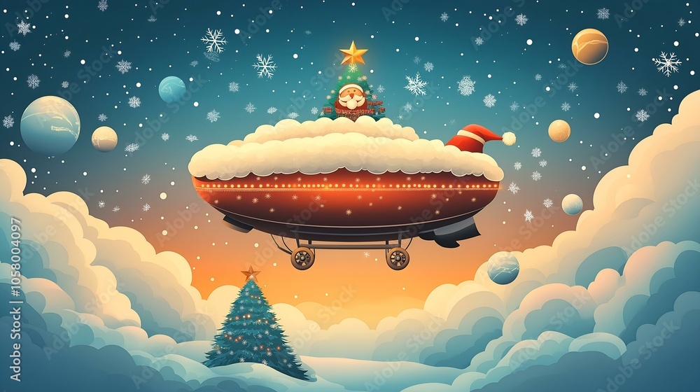 Santa in an airship surrounded by snow clouds