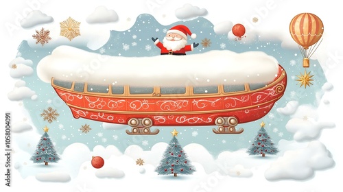 Obraz na płótnie Festive airship with Santa Claus flying over snowy peaks w salonie