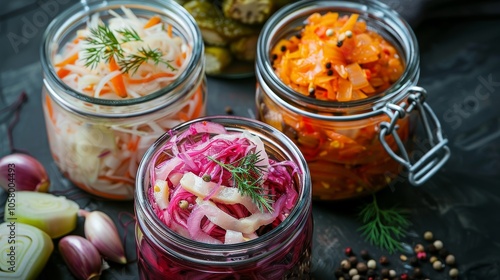 Explore rustic fermented foods in glass jars with veggies and spices, ideal for a healthy probioticrich diet photo