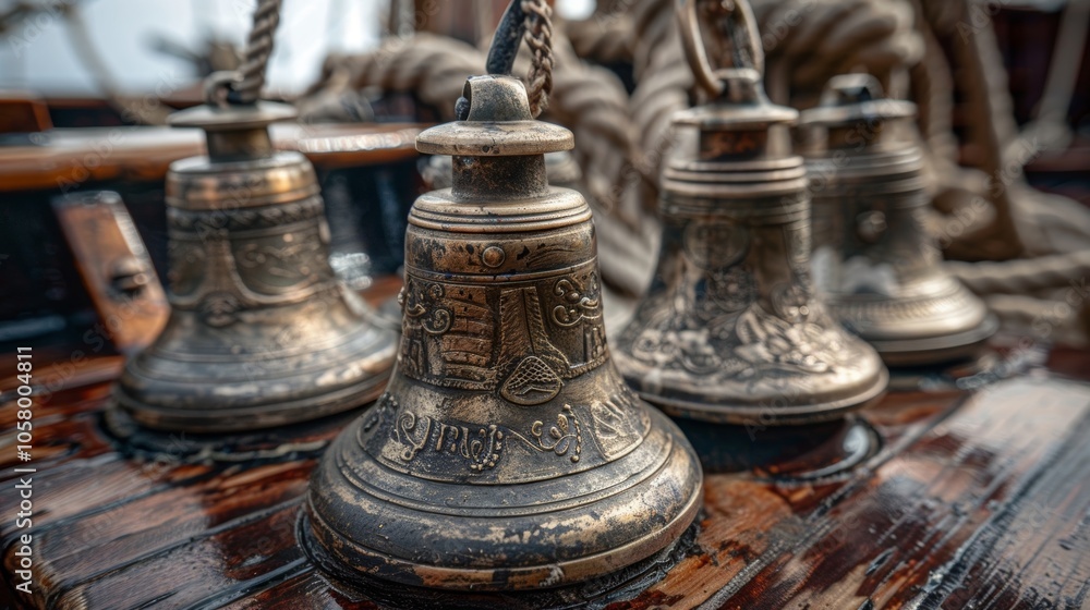A collection of antique ships bells each with a unique tone and history. A collection of antique ships bells each with a unique tone and history.