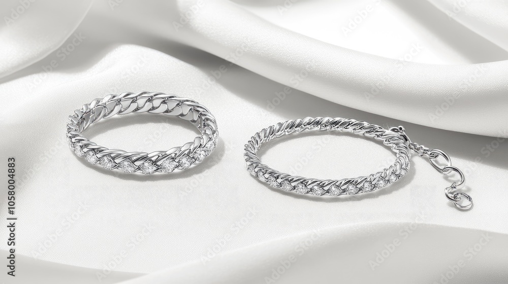 Elegant Silver Bracelets on Satin Background Elegant Silver Bracelets on Satin Background