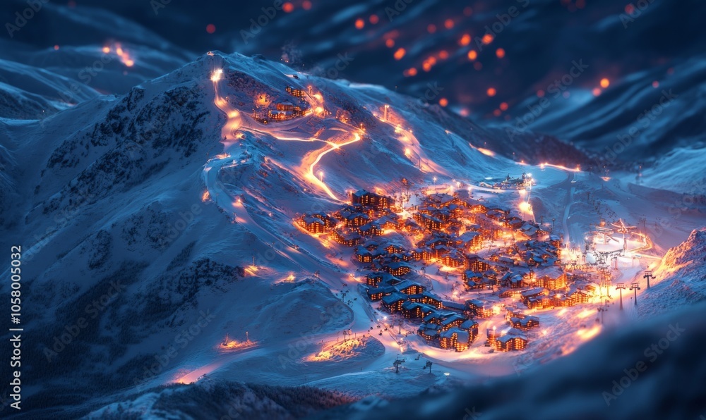 Heatmap of a mountain resort, with intense reds and oranges marking the busiest slopes and lifts, cooler blues in the less crowded areas Heatmap of a mountain resort, with intense reds and oranges marking the busiest slopes and lifts, cooler blues in the less crowded areas