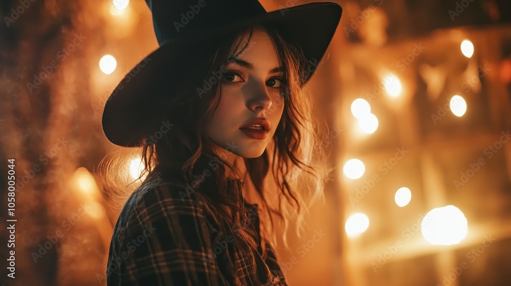 A young woman in a witch hat poses against a backdrop of warm, glowing lights. A young woman in a witch hat poses against a backdrop of warm, glowing lights.