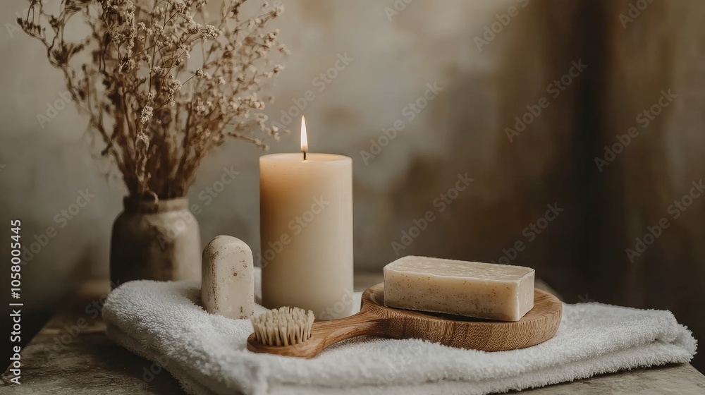 Calm Spa Setting with Candle and Natural Products Calm Spa Setting with Candle and Natural Products