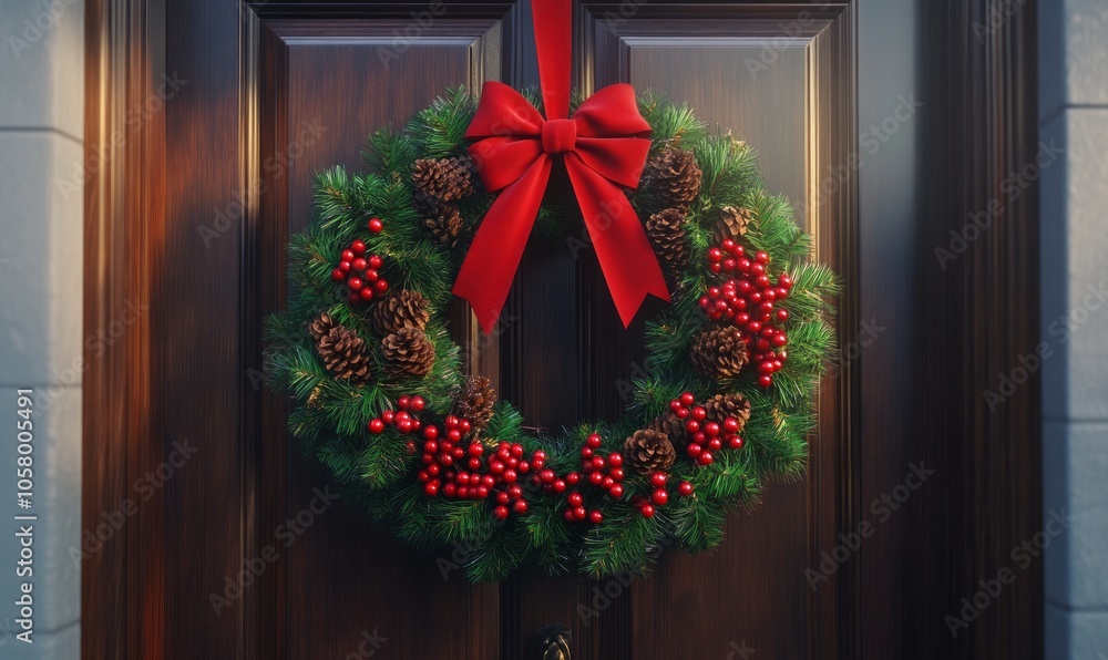 Festive Christmas wreath on a wooden door, decorated with red berries, pinecones, and a big red bow, welcoming holiday guests Festive Christmas wreath on a wooden door, decorated with red berries, pinecones, and a big red bow, welcoming holiday guests