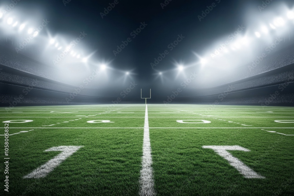 Football field under bright stadium lights with a night sky backdrop. Football field under bright stadium lights with a night sky backdrop.