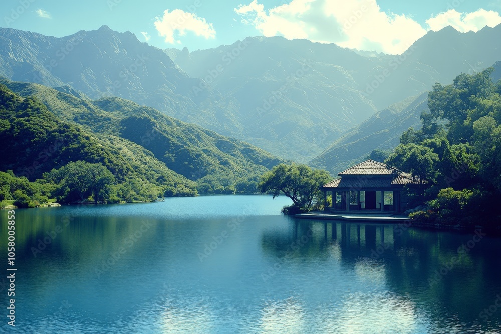 Serene mountain lake landscape under clear skies symbolizing tranquility scenic beauty and nature’s calming influence showcasing a peaceful undisturbed natural environment Serene mountain lake landscape under clear skies symbolizing tranquility scenic beauty and nature’s calming influence showcasing a peaceful undisturbed natural environment