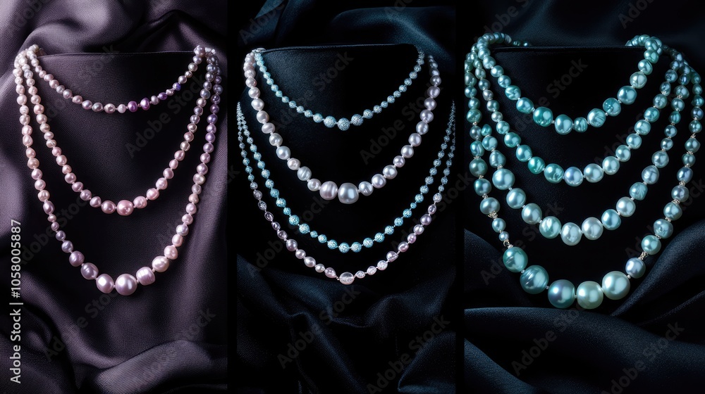 Elegant necklaces displayed on black fabric background Elegant necklaces displayed on black fabric background