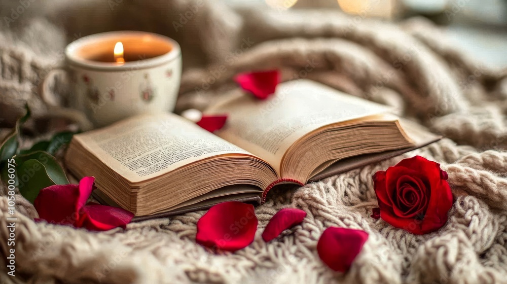 Cozy Reading Experience with Candlelight and Rose Petals Cozy Reading Experience with Candlelight and Rose Petals