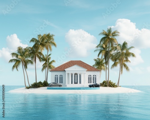 A white luxury villa with palm trees on a tropical island with clear blue water.