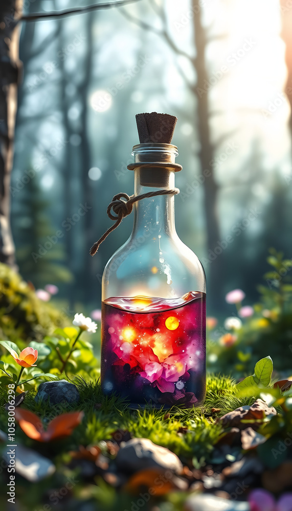 magic potion in bottle in fairy forest isolated with white highlights, png magic potion in bottle in fairy forest isolated with white highlights, png