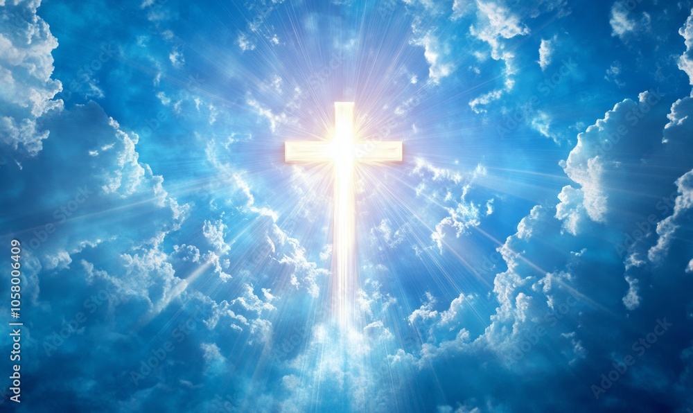 Christian Easter concept with a radiant cross in the sky symbolizing faith in Jesus Christ salvation and eternal life Christian Easter concept with a radiant cross in the sky symbolizing faith in Jesus Christ salvation and eternal life