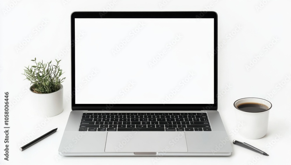 Blank laptop mockup isolated on a white background, front view, perfect for design presentations or digital projects. Blank laptop mockup isolated on a white background, front view, perfect for design presentations or digital projects.