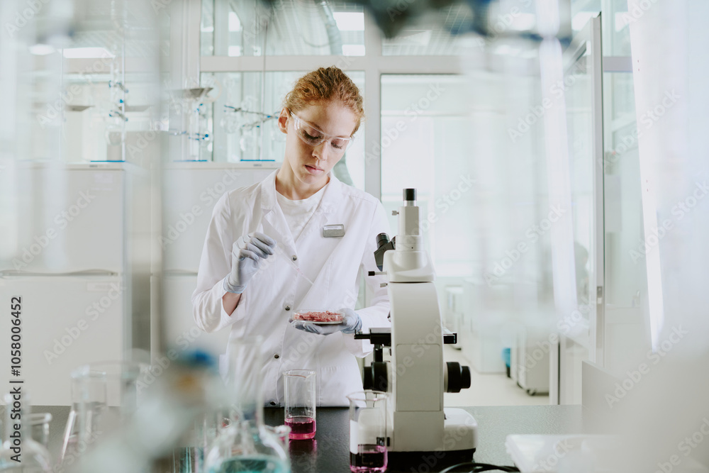 Scientist analyzing samples in bright, sterile laboratory wearing protective gear and gloves, surrounded by scientific equipment and instruments, focused on pipetting liquid Scientist analyzing samples in bright, sterile laboratory wearing protective gear and gloves, surrounded by scientific equipment and instruments, focused on pipetting liquid