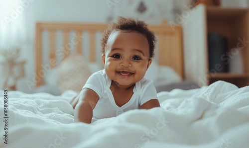 Wallpaper Mural Childcare. Portrait of cute little African American baby wearing bodysuit lying on the white blanket at home. Black infant child crawling on bed in the bedroom Torontodigital.ca