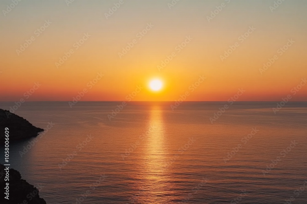 Obraz premium Stunning sunset photograph capturing an orange sky over the sea, with the sun gracefully setting on the horizon, showcasing a beautiful seascape view from above.