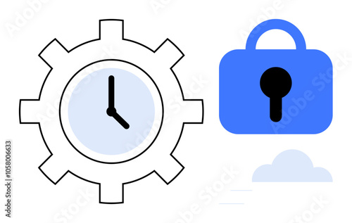 Gear with clock symbolizing productivity next to blue padlock representing security over a cloud. Ideal for business, technology, security, time management, and cloud computing. Minimalist design