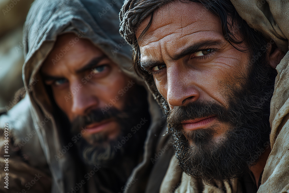Close-up of two rugged men in ancient attire with intense expressions Close-up of two rugged men in ancient attire with intense expressions