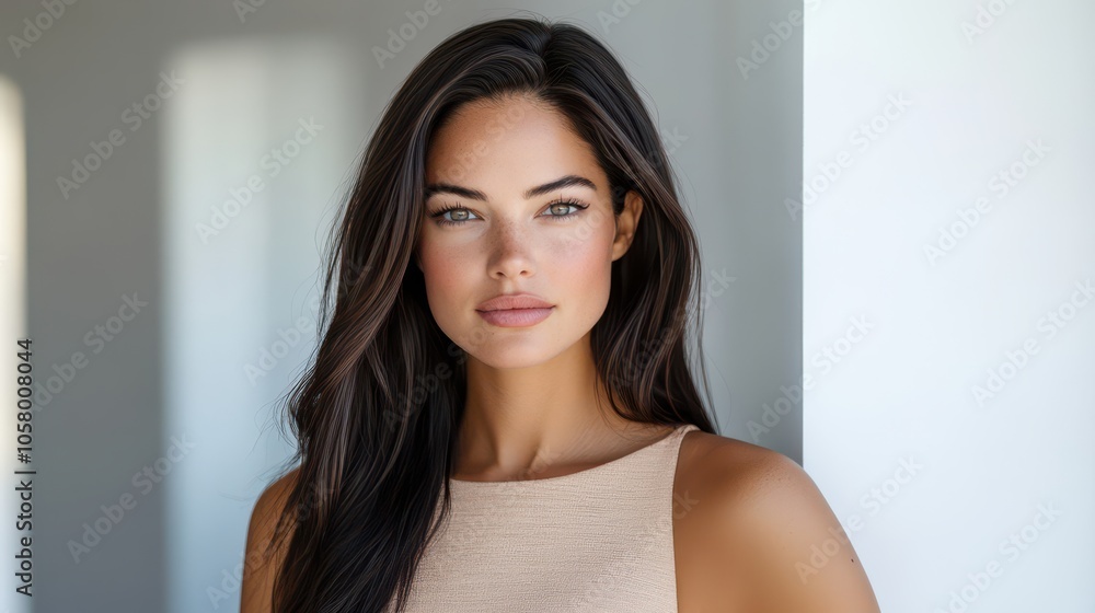 A confident woman showcases her natural beauty in a simple setting while wearing a stylish, form-fitting dress A confident woman showcases her natural beauty in a simple setting while wearing a stylish, form-fitting dress