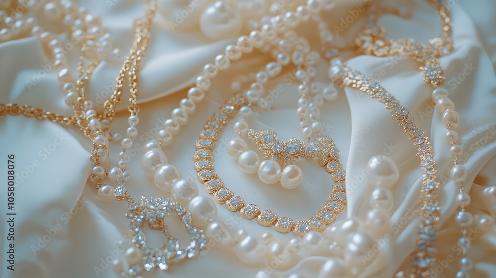 Elegant Jewelry on Soft Satin Fabric Background Elegant Jewelry on Soft Satin Fabric Background