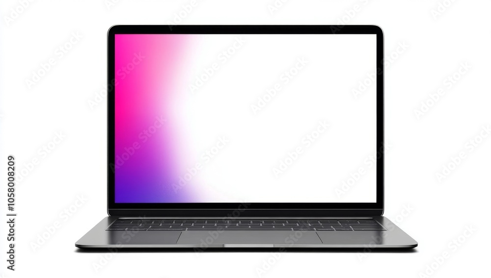 Blank screen laptop isolated on a white background, front view, perfect for design mockups, showcasing a clean and modern aesthetic for digital presentations or promotional materials. Blank screen laptop isolated on a white background, front view, perfect for design mockups, showcasing a clean and modern aesthetic for digital presentations or promotional materials.