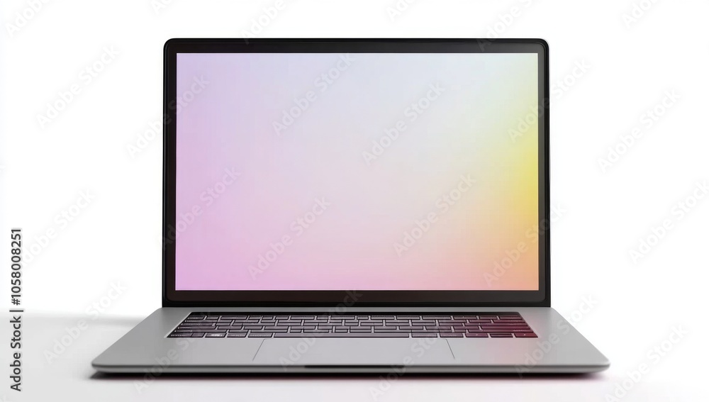Fototapeta premium Blank screen laptop isolated on a white background, front view, perfect for design mockups, showcasing a clean and modern aesthetic for digital presentations or promotional materials.
