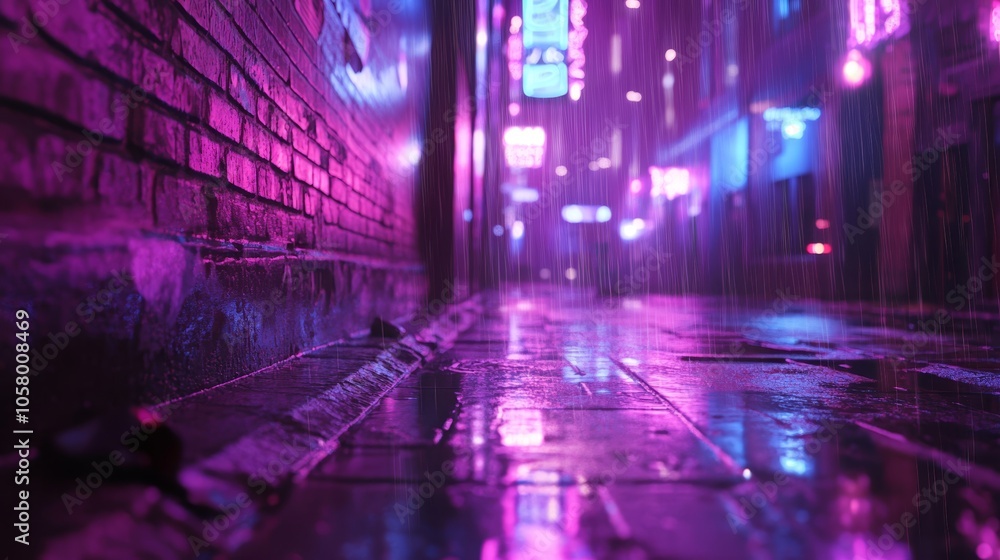 Neon Reflections in a Rainy Alleyway at Night Neon Reflections in a Rainy Alleyway at Night