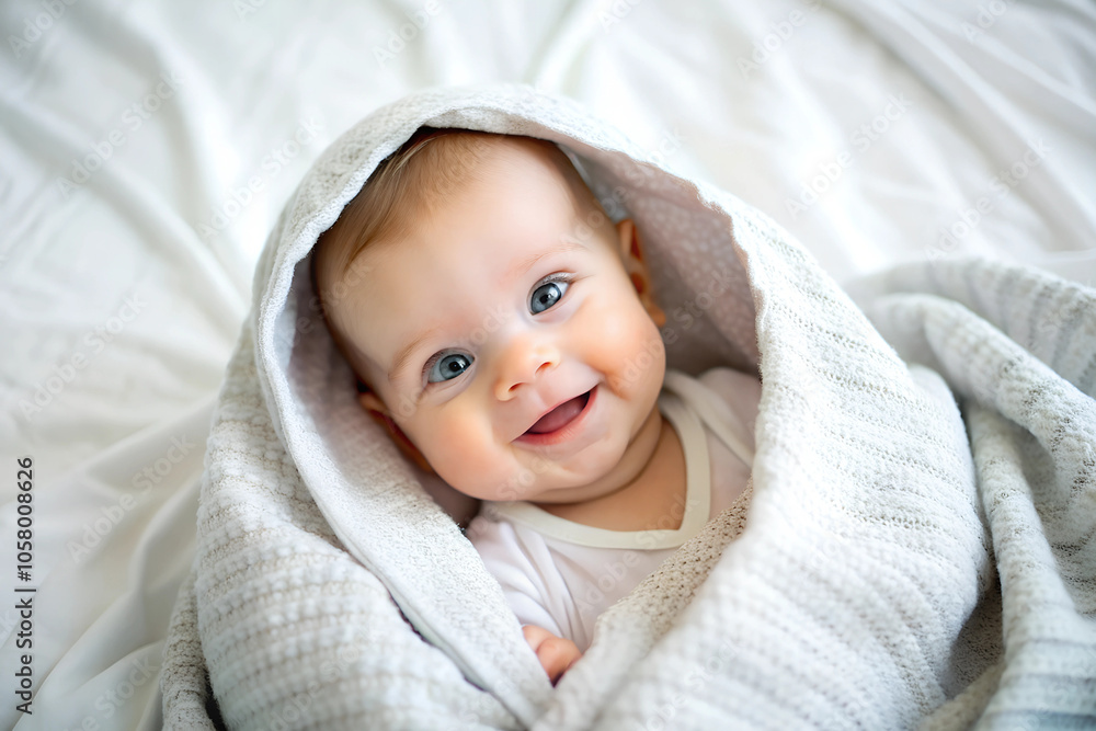 Baby, child, kid. Portrait of a little baby ,boy or girl covered by a blanket. Adorable, baby boy or girl with a charming, sweet smile ,in a bed. Realistic minimalistic ,style photo Baby, child, kid. Portrait of a little baby ,boy or girl covered by a blanket. Adorable, baby boy or girl with a charming, sweet smile ,in a bed. Realistic minimalistic ,style photo