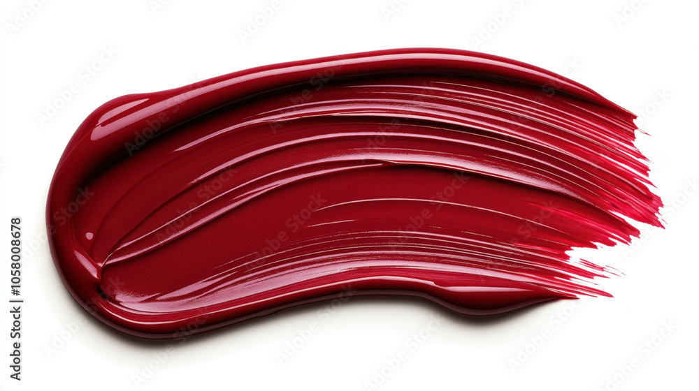 Red lipstick smear with glossy texture on white background showing vibrant color and smooth application. Red lipstick smear with glossy texture on white background showing vibrant color and smooth application.